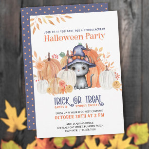 Cute Black Cat in Witch Pet Kinder Halloween Party Kaart