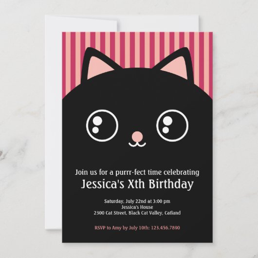 Cute Black Cat Kat Face Kids Birthday Uitnodiging (Voorkant)