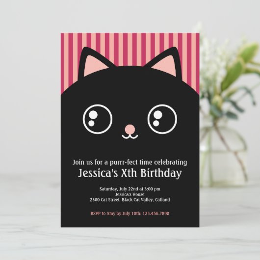 Cute Black Cat Kat Face Kids Birthday Uitnodiging (Staand voorkant)