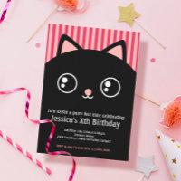 Cute Black Cat Kat Face Kids Birthday Uitnodiging