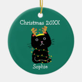 Cute Black Cat kersttekening Monogram Green Keramisch Ornament (Voorkant)