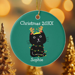 Cute Black Cat kersttekening Monogram Green Keramisch Ornament