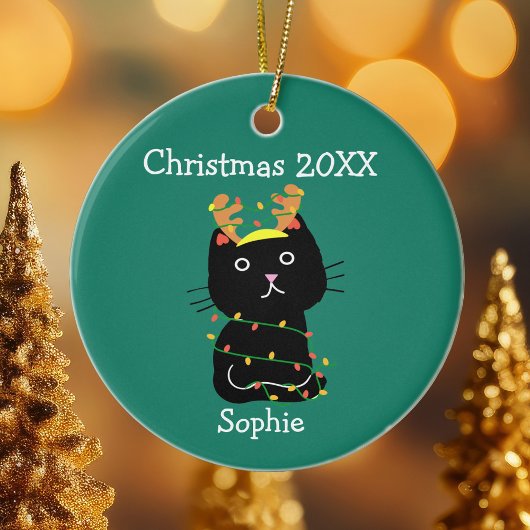 Cute Black Cat kersttekening Monogram Green Keramisch Ornament