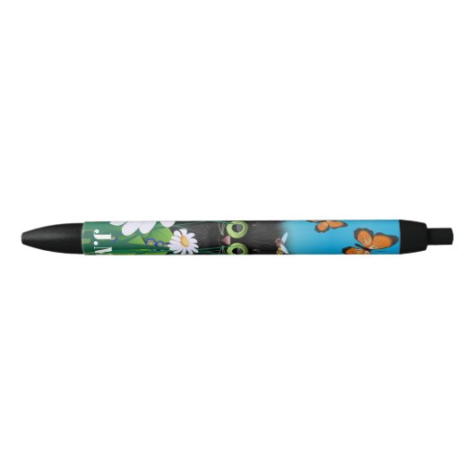 Cute Black Cat Kitten met Daisies Monogram Zwarte Inkt Pen (Voorkant)