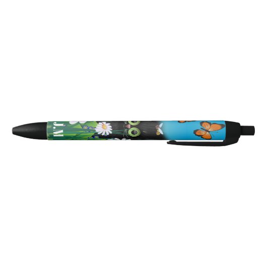 Cute Black Cat Kitten met Daisies Monogram Zwarte Inkt Pen (Bodem)