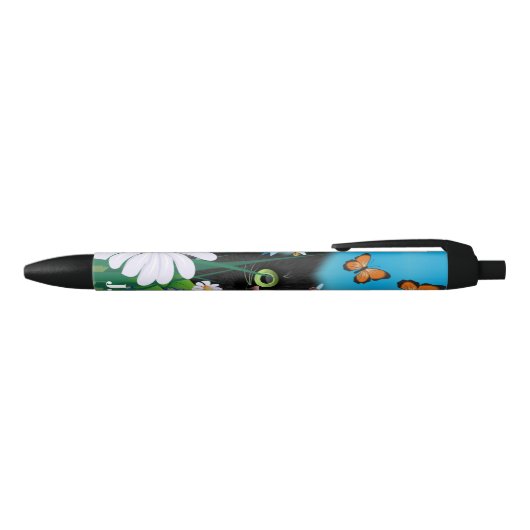Cute Black Cat Kitten met Daisies Monogram Zwarte Inkt Pen (Bovenkant)