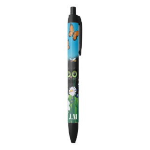 Cute Black Cat Kitten met Daisies Monogram Zwarte Inkt Pen