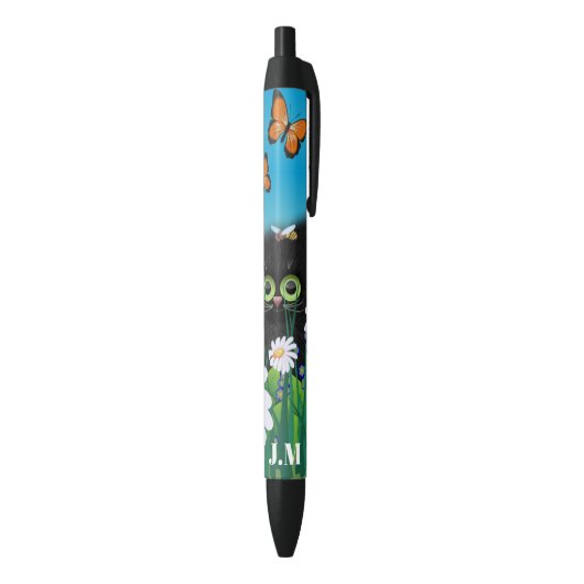 Cute Black Cat Kitten met Daisies Monogram Zwarte Inkt Pen (Achterkant (Verticaal))