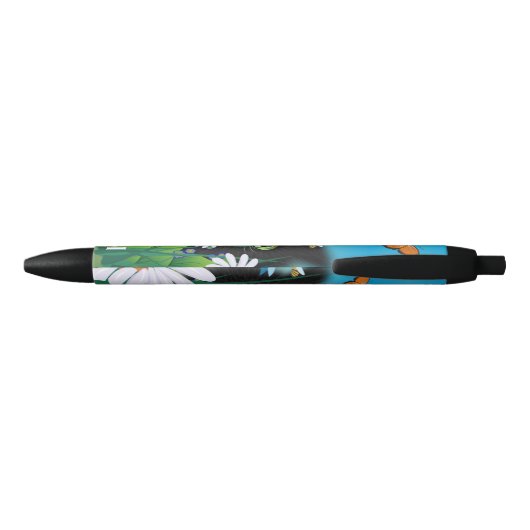 Cute Black Cat Kitten met Daisies Monogram Zwarte Inkt Pen (Achterkant)