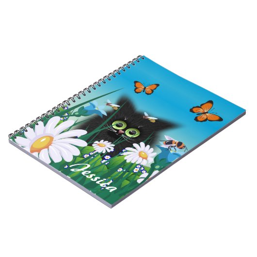 Cute Black Cat Kitten met Daisies Personalized Notitieboek (Linkerzijde)