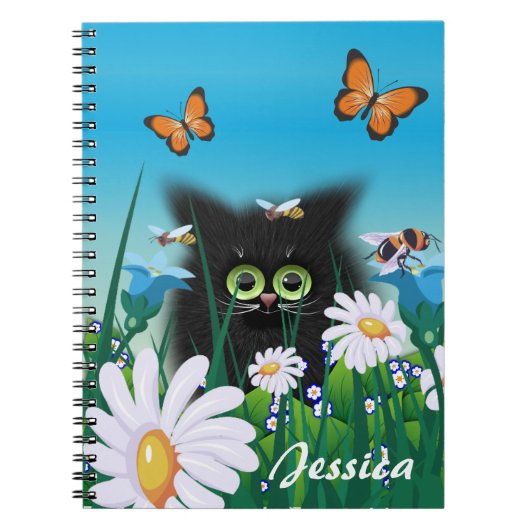 Cute Black Cat Kitten met Daisies Personalized Notitieboek (Voorkant)
