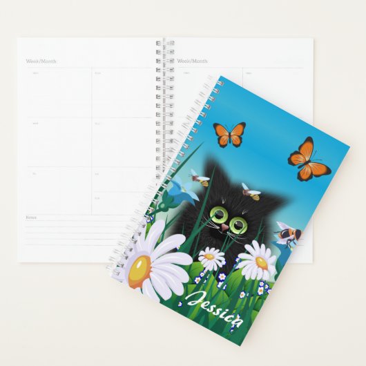 Cute Black Cat Kitten met Daisies Personalized Planner (Display)