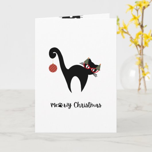 Cute Black Cat Meowy Christmas Greeting Card Kaart (Gele Bloem)