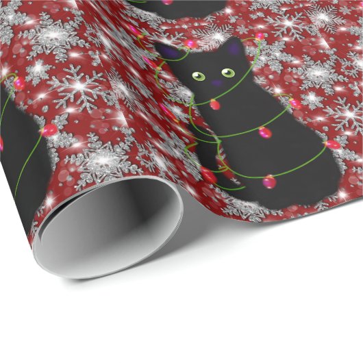 Cute black cat Meowy Christmas sparkling snowflake Cadeaupapier (Rol Hoek)