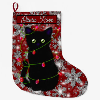 Cute black cat Meowy Christmas sparkling snowflake Grote Kerstsok