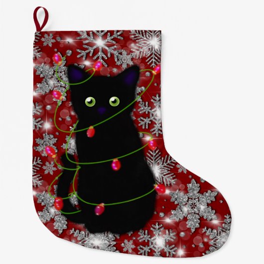 Cute black cat Meowy Christmas sparkling snowflake Grote Kerstsok (Voorkant)