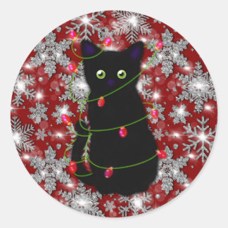 Cute black cat Meowy Christmas sparkling snowflake Ronde Sticker
