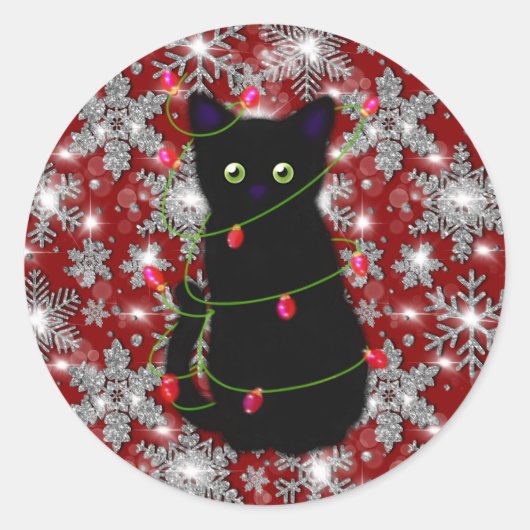 Cute black cat Meowy Christmas sparkling snowflake Ronde Sticker (Voorkant)