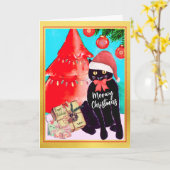 Cute  Black Cat Meowy Kerstmis Kaart (Gele Bloem)