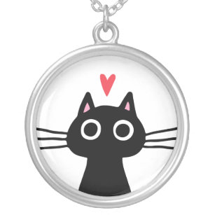 Cute Black Cat met hart   Quirky Kitten Zilver Vergulden Ketting