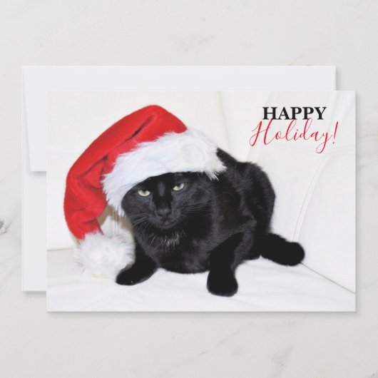 Cute Black Cat met Santa Hat Feestdagenkaart (Voorkant)
