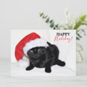 Cute Black Cat met Santa Hat Feestdagenkaart (Staand voorkant)