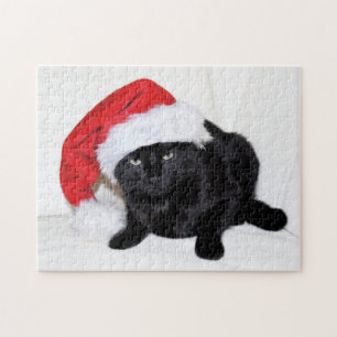 Cute Black Cat met Santa Hat Legpuzzel