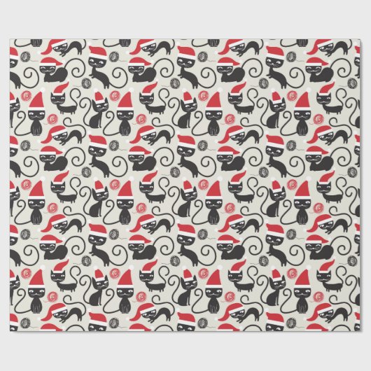 Cute Black Cat met Santa Hat Wrapping Paper Cadeaupapier (Vlak)