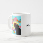 Cute Black cat met zonnebloem heldere bloem Koffiemok (Voorkant links)