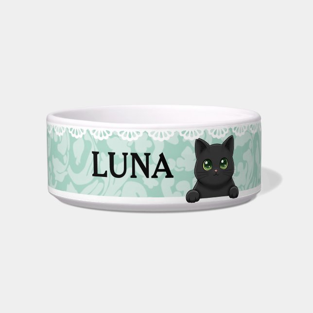 Cute Black Cat Mint Custom Name Voerbakje (Voorkant)