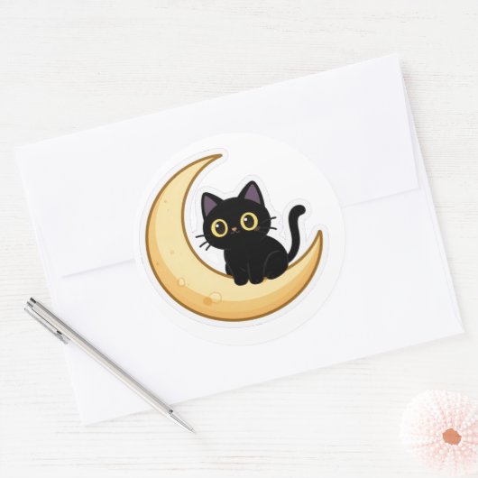 Cute Black Cat on Crescent Moon Sticker (Envelop)