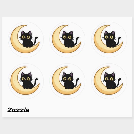 Cute Black Cat on Crescent Moon Sticker (Vel)