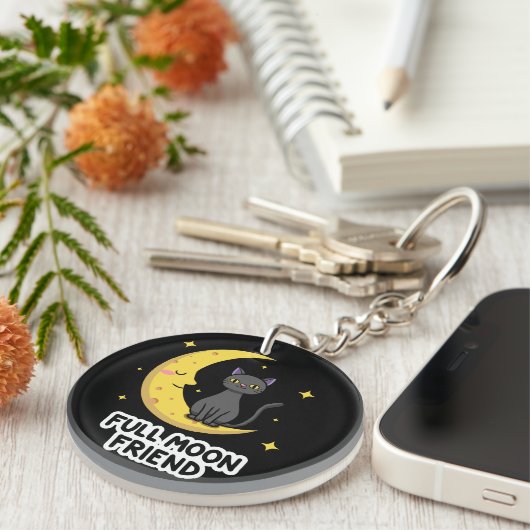 Cute Black Cat on Moon - Full Moon Friend Sleutelhanger (Voorkant Rechts)