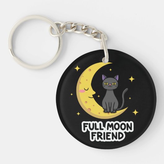 Cute Black Cat on Moon - Full Moon Friend Sleutelhanger (Voorkant)