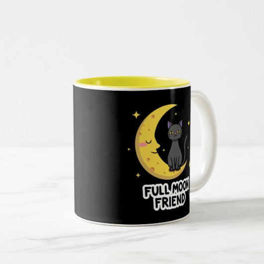 Cute Black Cat on Moon - Full Moon Friend Tweekleurige Koffiemok (Voorkant rechts)