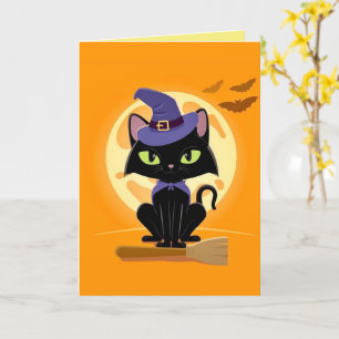 Cute Black Cat op broomHalloween Kaart
