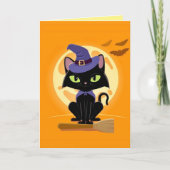 Cute Black Cat op broomHalloween Kaart (Voorkant)