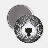 Cute Black Cat op Damask Magneet (Voorkant / Achterkant)