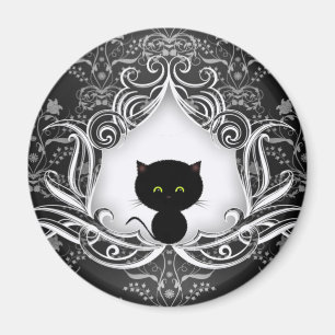 Cute Black Cat op Damask Magneet