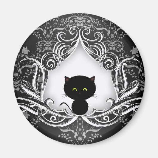 Cute Black Cat op Damask Magneet (Voorkant)