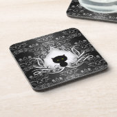 Cute Black Cat op Damask Onderzetter (Linkerzijde)
