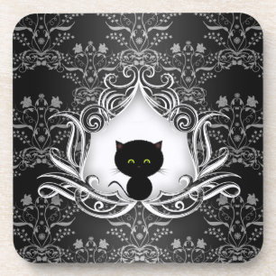 Cute Black Cat op Damask Onderzetter