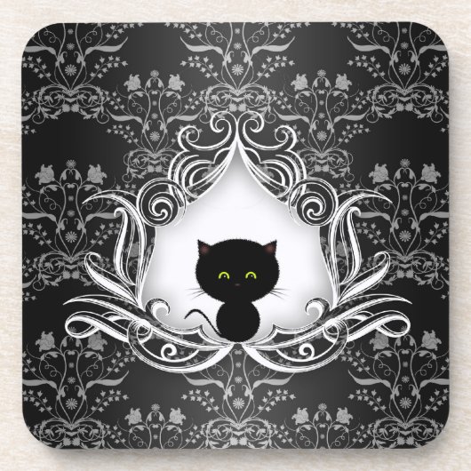 Cute Black Cat op Damask Onderzetter (Voorkant)