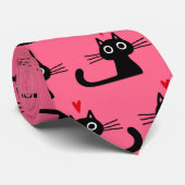 Cute Black Cat Patterned Valentijnsdag Hearts Stropdas (Opgerold)