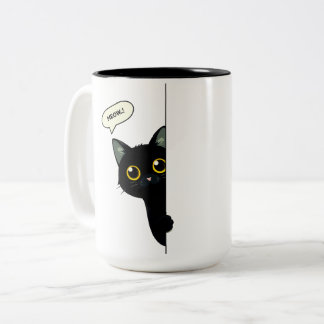 Cute Black Cat Peeking Around the Corner | Funny Tweekleurige Koffiemok