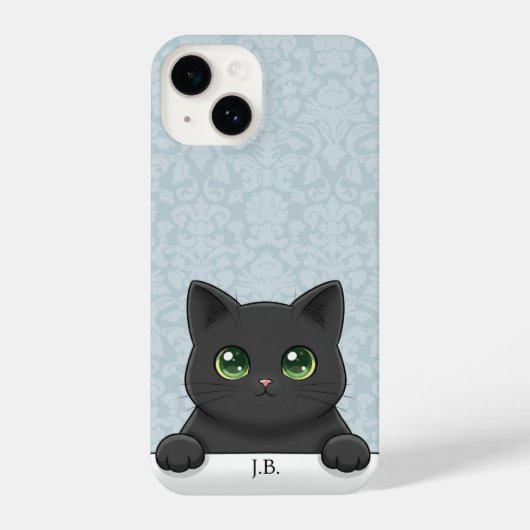 Cute Black Cat Peeking Kawaii Cartoon Blue Damask iPhone Hoesje (Achterkant)