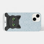 Cute Black Cat Peeking Kawaii Cartoon Blue Damask iPhone Hoesje (Achterkant horizontaal)