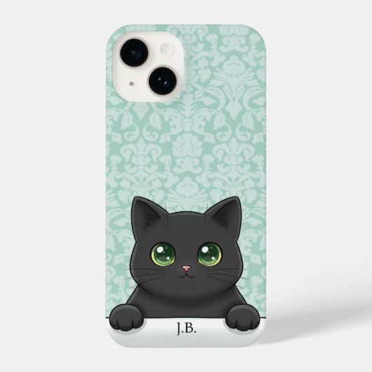 Cute Black Cat Peeking Kawaii Cartoon Mint Damask iPhone Hoesje (Achterkant)