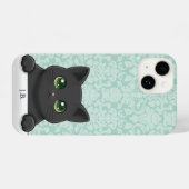 Cute Black Cat Peeking Kawaii Cartoon Mint Damask iPhone Hoesje (Achterkant horizontaal)