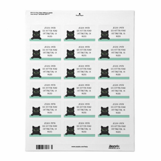 Cute Black Cat Peeking Mint Personalized Etiket (Full Sheet)
